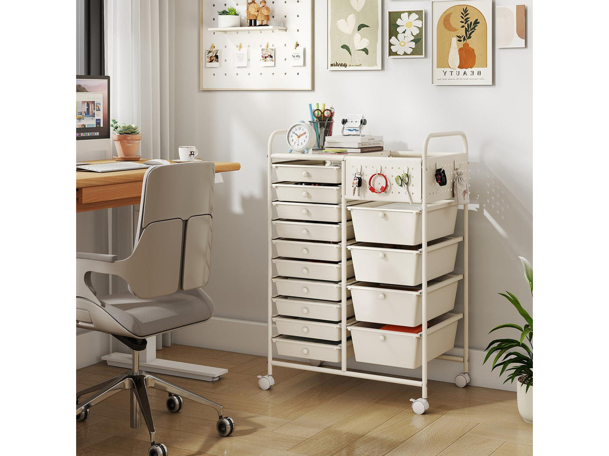 14 Drawer Storage Cart, Rolling Craft Cart with Metal Tabletop & Pegboard, Mobile Utility Organizer Trolley with Locking Wheels, Home Office, Ivory