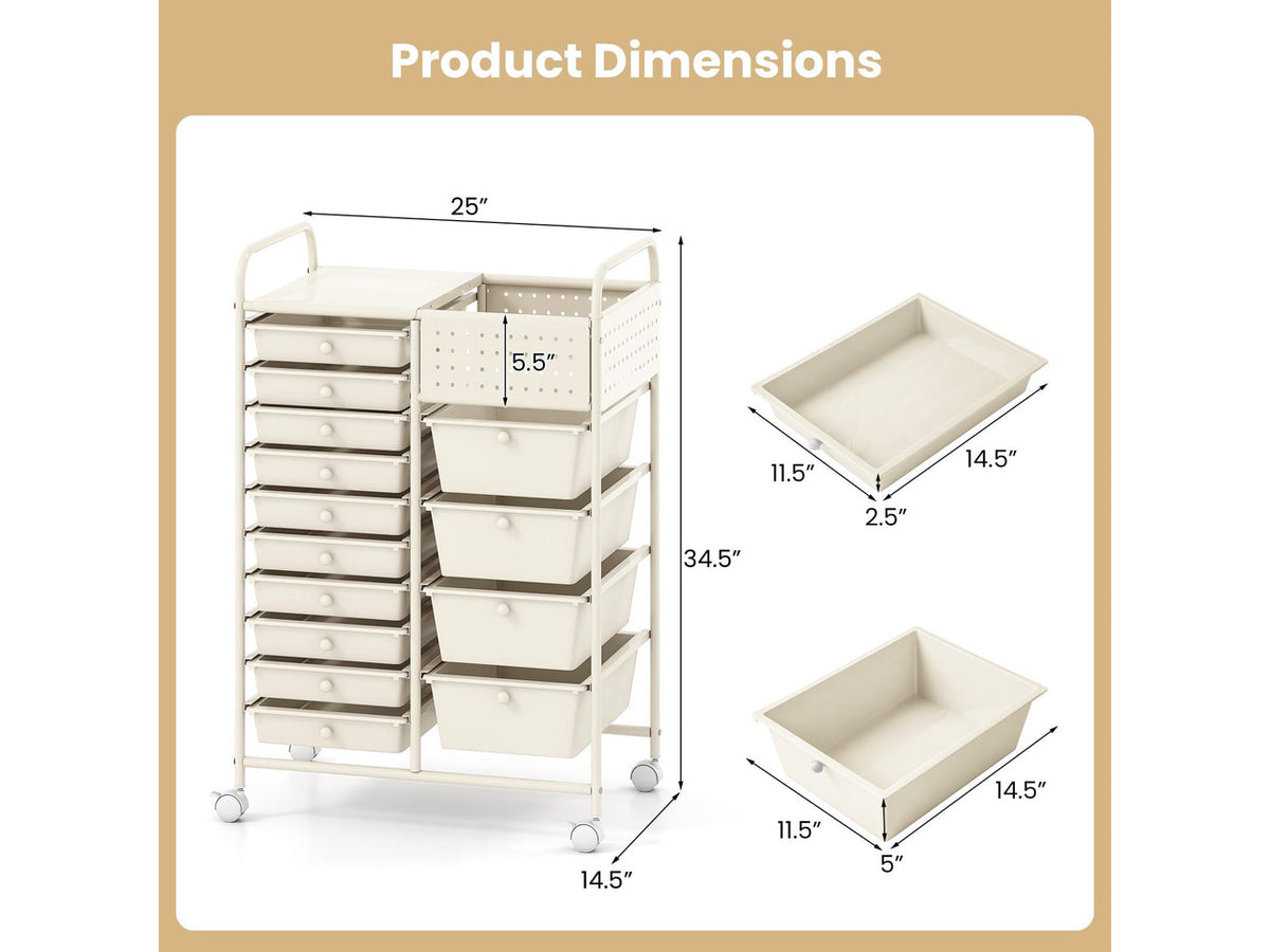 14 Drawer Storage Cart, Rolling Craft Cart with Metal Tabletop & Pegboard, Mobile Utility Organizer Trolley with Locking Wheels, Home Office, Ivory