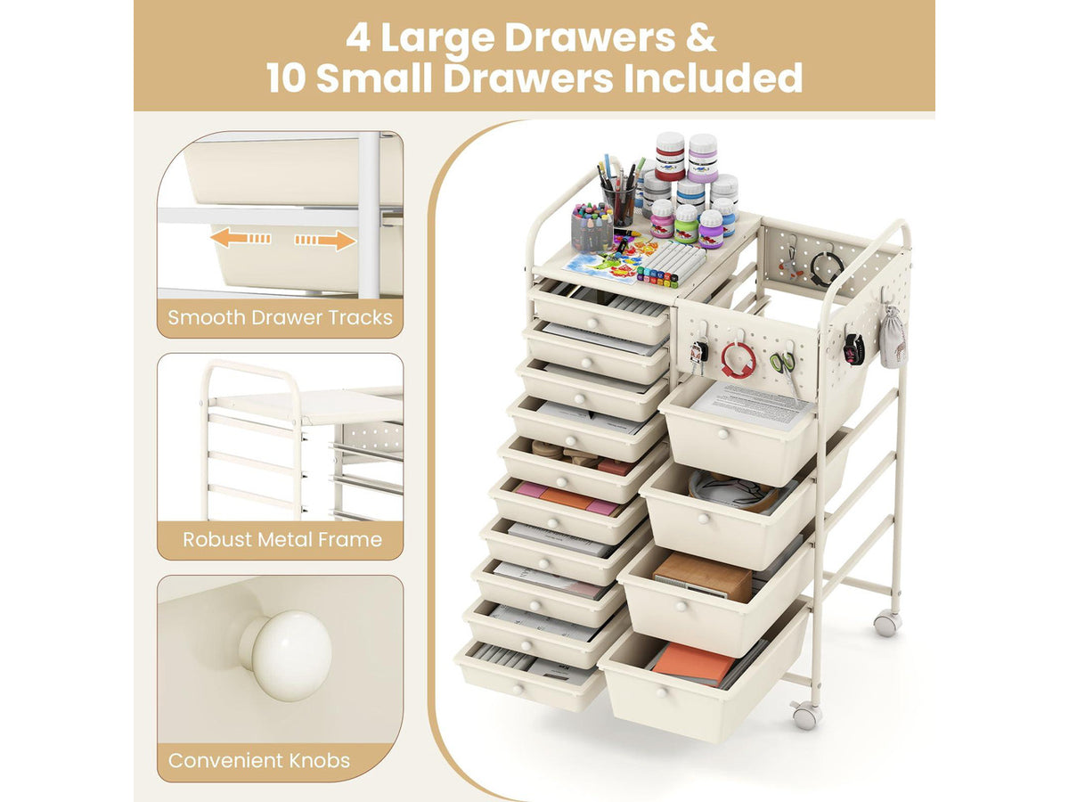 14 Drawer Storage Cart, Rolling Craft Cart with Metal Tabletop & Pegboard, Mobile Utility Organizer Trolley with Locking Wheels, Home Office, Ivory