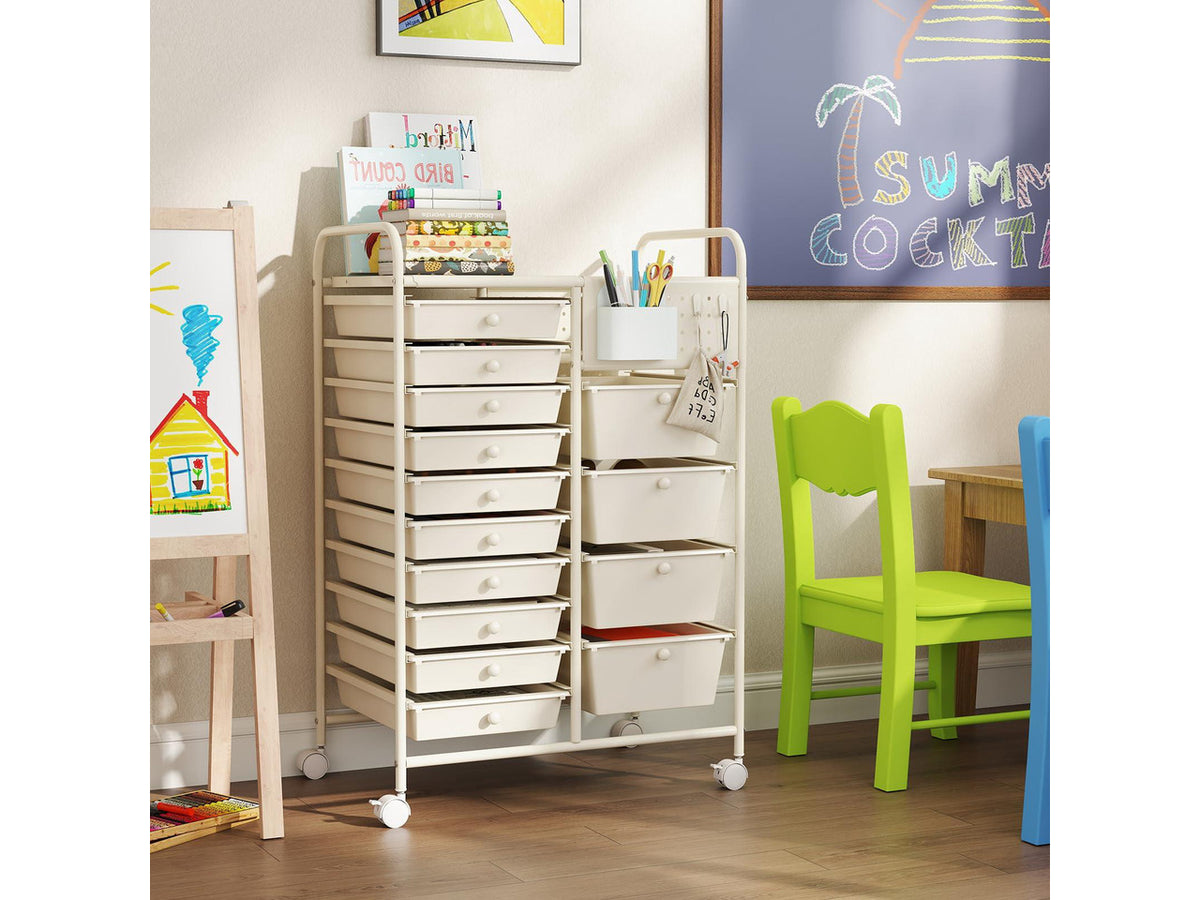 14 Drawer Storage Cart, Rolling Craft Cart with Metal Tabletop & Pegboard, Mobile Utility Organizer Trolley with Locking Wheels, Home Office, Ivory