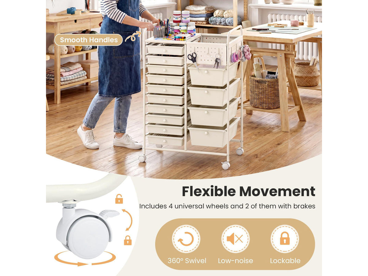 14 Drawer Storage Cart, Rolling Craft Cart with Metal Tabletop & Pegboard, Mobile Utility Organizer Trolley with Locking Wheels, Home Office, Ivory