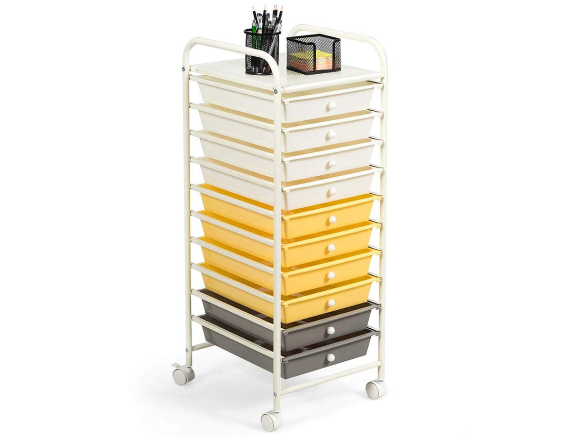 10 Drawer Rolling Cart, Slim Storage Cart w/Lockable Wheels for Classroom School Teacher Office, Art Supplies Paper Scrapbook Craft Organizers, Utility Cart with Drawers (Yellow)