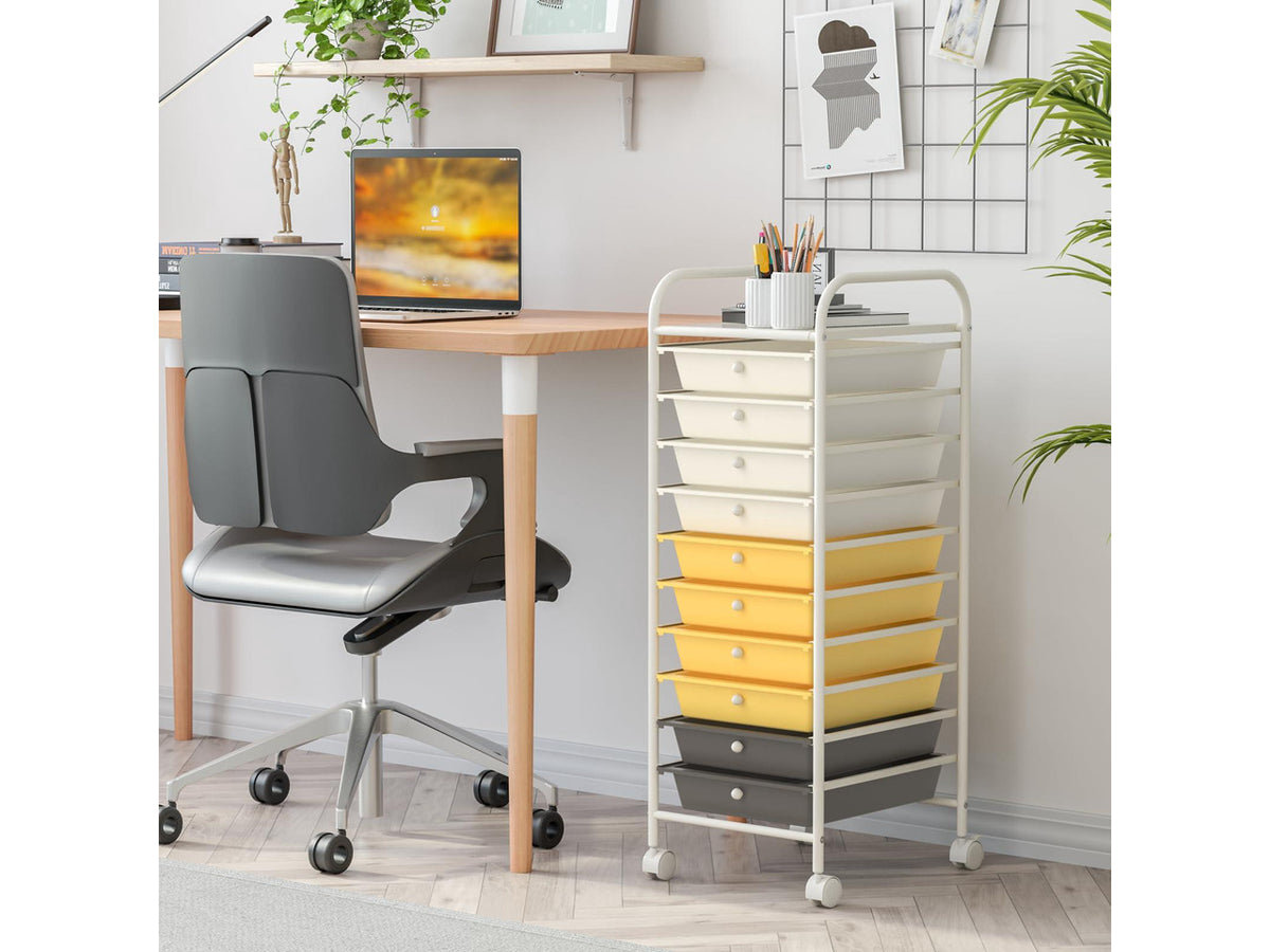 10 Drawer Rolling Cart, Slim Storage Cart w/Lockable Wheels for Classroom School Teacher Office, Art Supplies Paper Scrapbook Craft Organizers, Utility Cart with Drawers (Yellow)