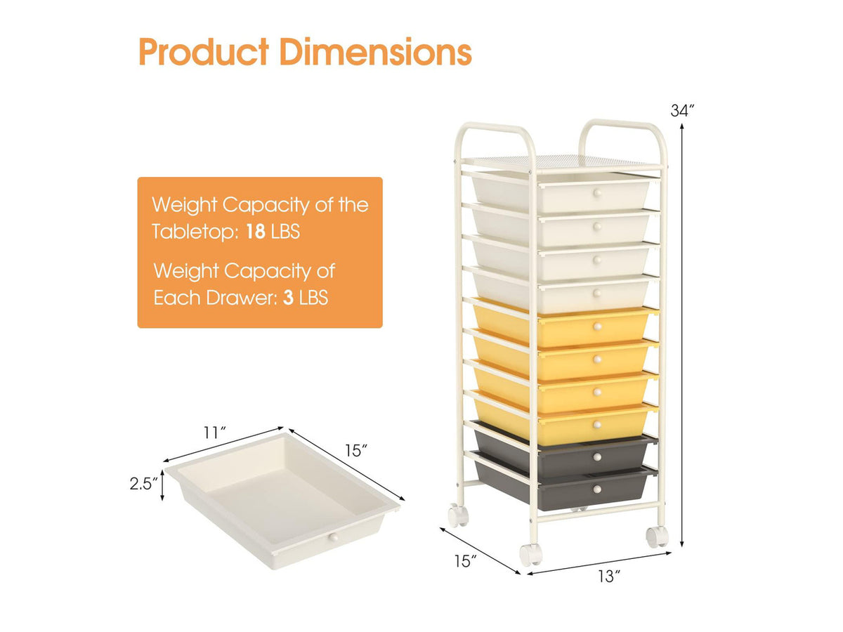 10 Drawer Rolling Cart, Slim Storage Cart w/Lockable Wheels for Classroom School Teacher Office, Art Supplies Paper Scrapbook Craft Organizers, Utility Cart with Drawers (Yellow)