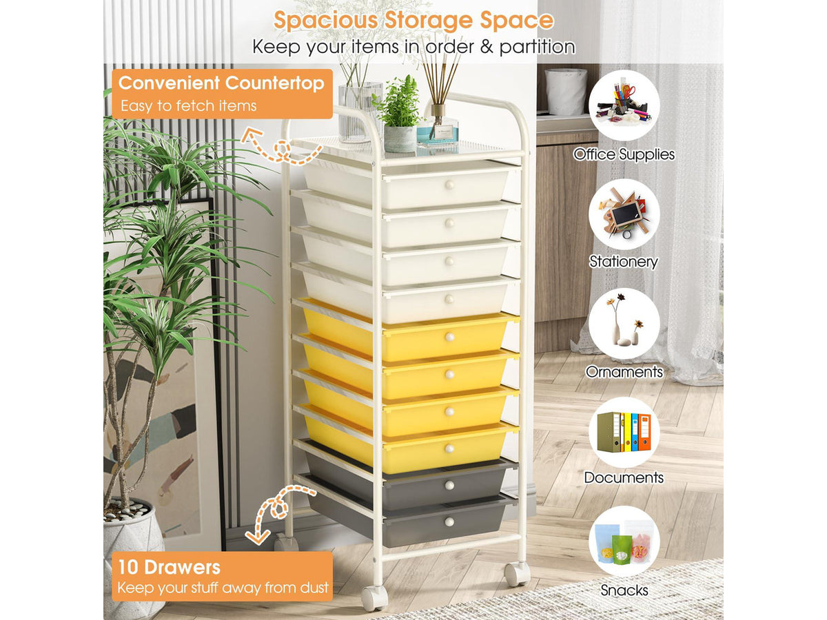 10 Drawer Rolling Cart, Slim Storage Cart w/Lockable Wheels for Classroom School Teacher Office, Art Supplies Paper Scrapbook Craft Organizers, Utility Cart with Drawers (Yellow)