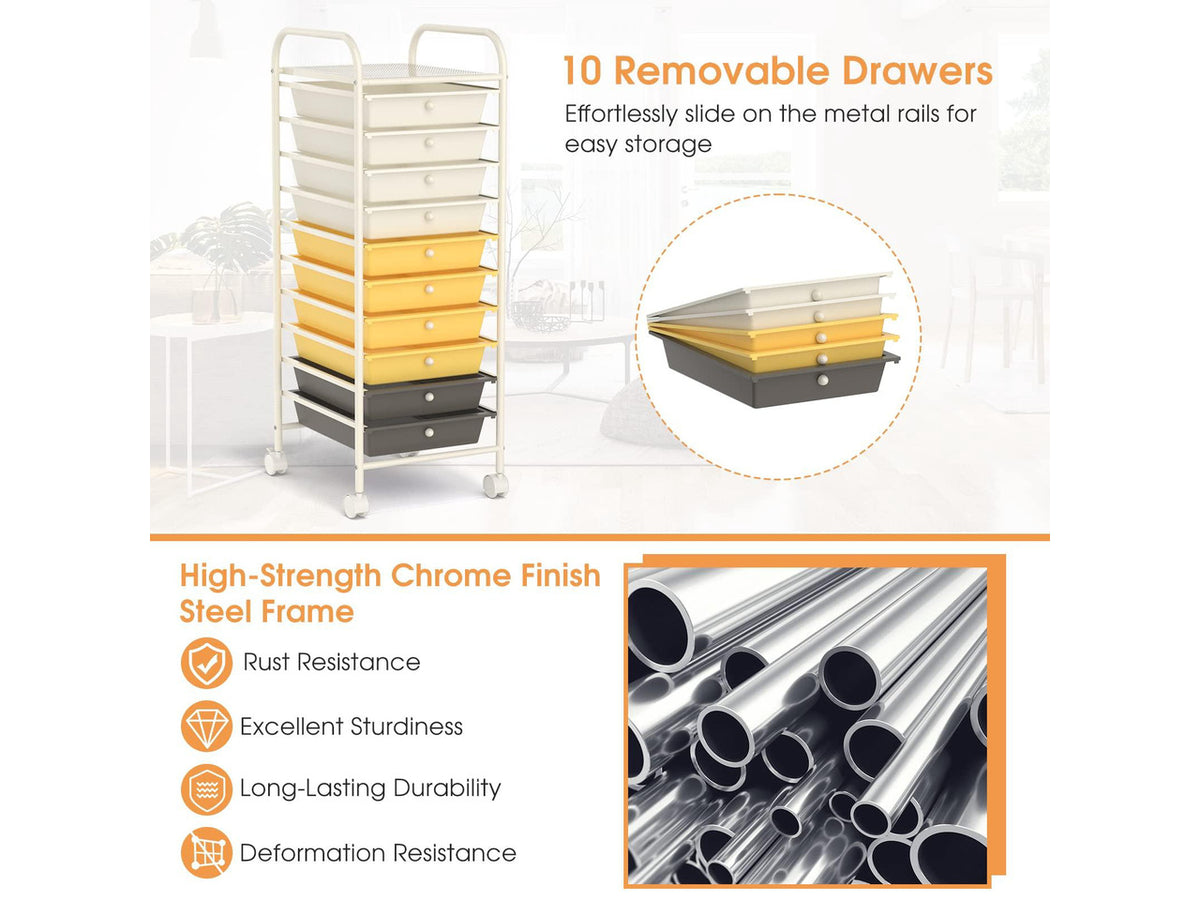 10 Drawer Rolling Cart, Slim Storage Cart w/Lockable Wheels for Classroom School Teacher Office, Art Supplies Paper Scrapbook Craft Organizers, Utility Cart with Drawers (Yellow)