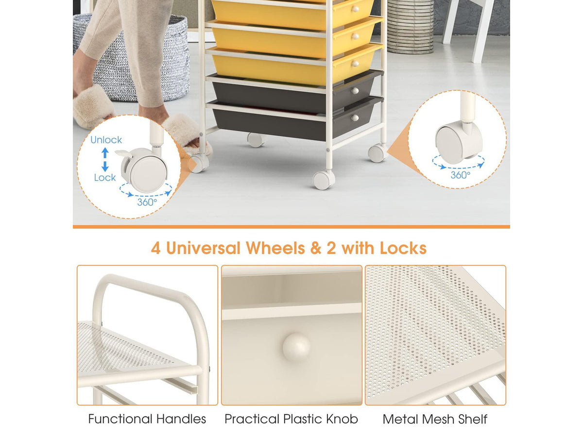 10 Drawer Rolling Cart, Slim Storage Cart w/Lockable Wheels for Classroom School Teacher Office, Art Supplies Paper Scrapbook Craft Organizers, Utility Cart with Drawers (Yellow)