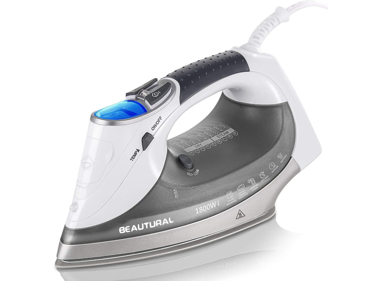 1800-Watt Steam Iron with Digital LCD Screen, Double-Layer and Ceramic Coated Soleplate, 3-Way Auto-Off, 9 Preset Temperature and Steam Settings for Variable Fabric Gray