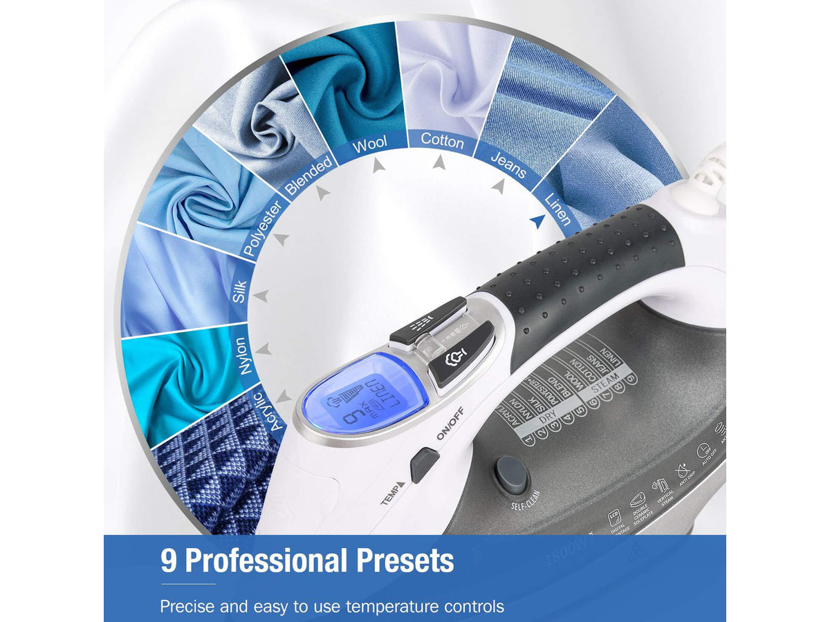 1800-Watt Steam Iron with Digital LCD Screen, Double-Layer and Ceramic Coated Soleplate, 3-Way Auto-Off, 9 Preset Temperature and Steam Settings for Variable Fabric Gray