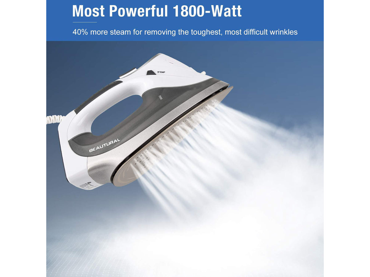1800-Watt Steam Iron with Digital LCD Screen, Double-Layer and Ceramic Coated Soleplate, 3-Way Auto-Off, 9 Preset Temperature and Steam Settings for Variable Fabric Gray