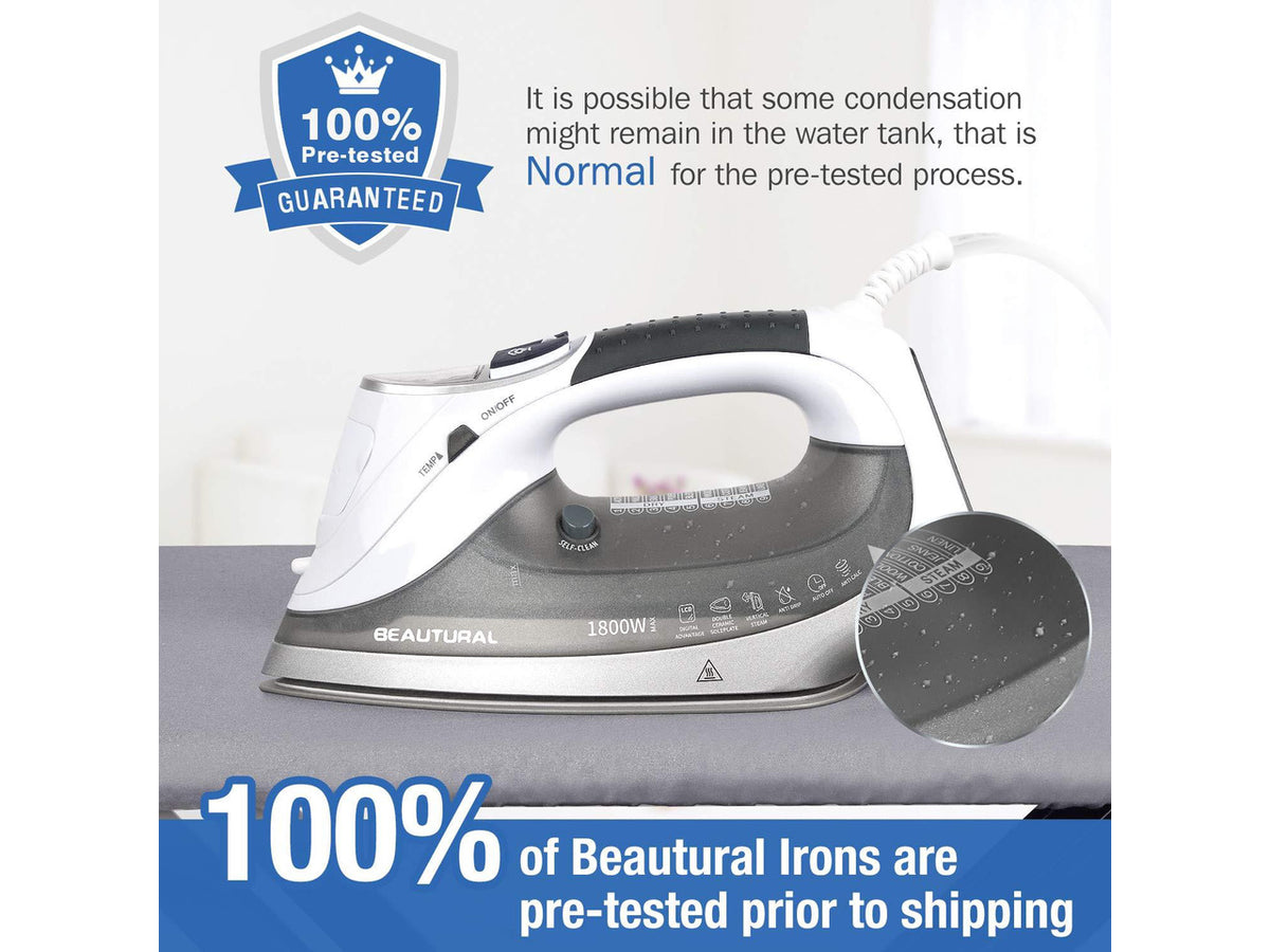 1800-Watt Steam Iron with Digital LCD Screen, Double-Layer and Ceramic Coated Soleplate, 3-Way Auto-Off, 9 Preset Temperature and Steam Settings for Variable Fabric Gray