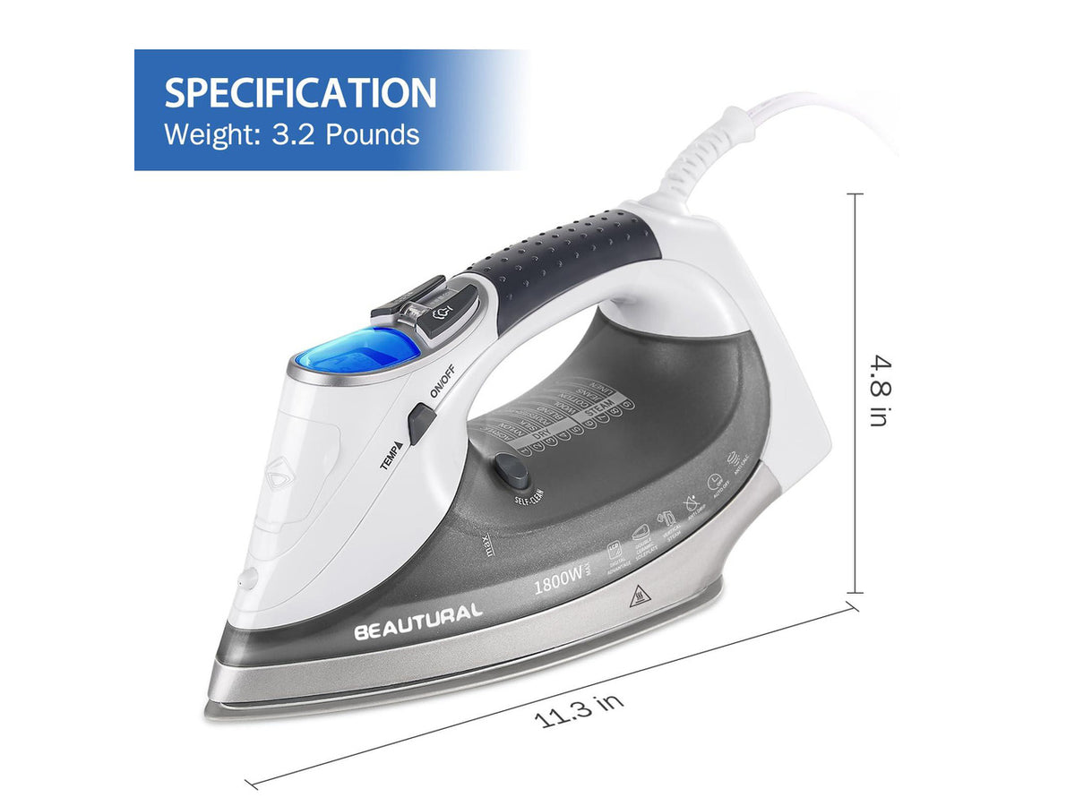 1800-Watt Steam Iron with Digital LCD Screen, Double-Layer and Ceramic Coated Soleplate, 3-Way Auto-Off, 9 Preset Temperature and Steam Settings for Variable Fabric Gray