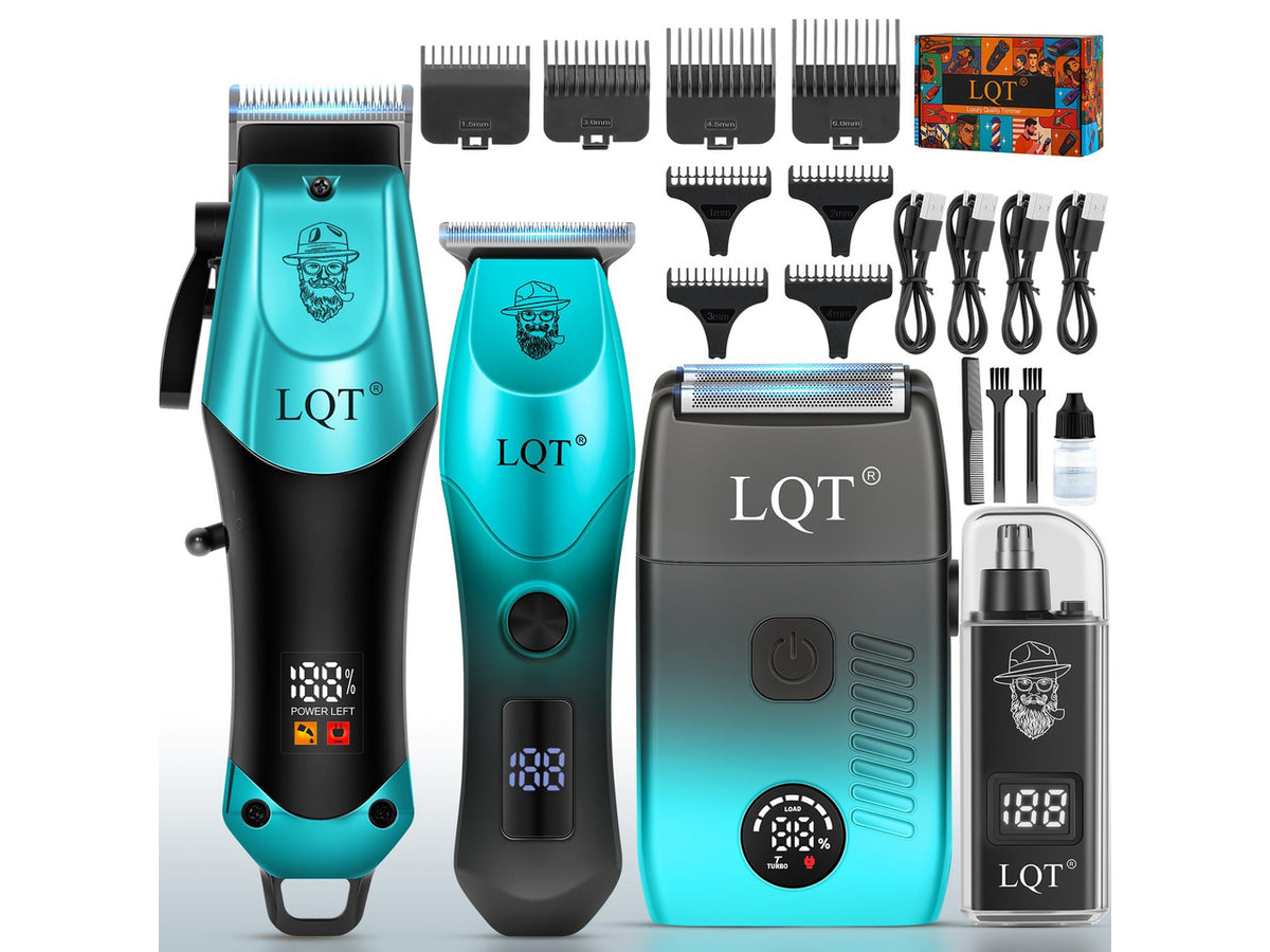 4-in-1 Men's Hair Clippers Kit, Includes Nose Hair Trimmer, Electric Shaver, and Engraving Trimmer, Wireless USB Rechargeable Grooming Set, Blue Ombre Design, Ideal Gift for Men (Blue)
