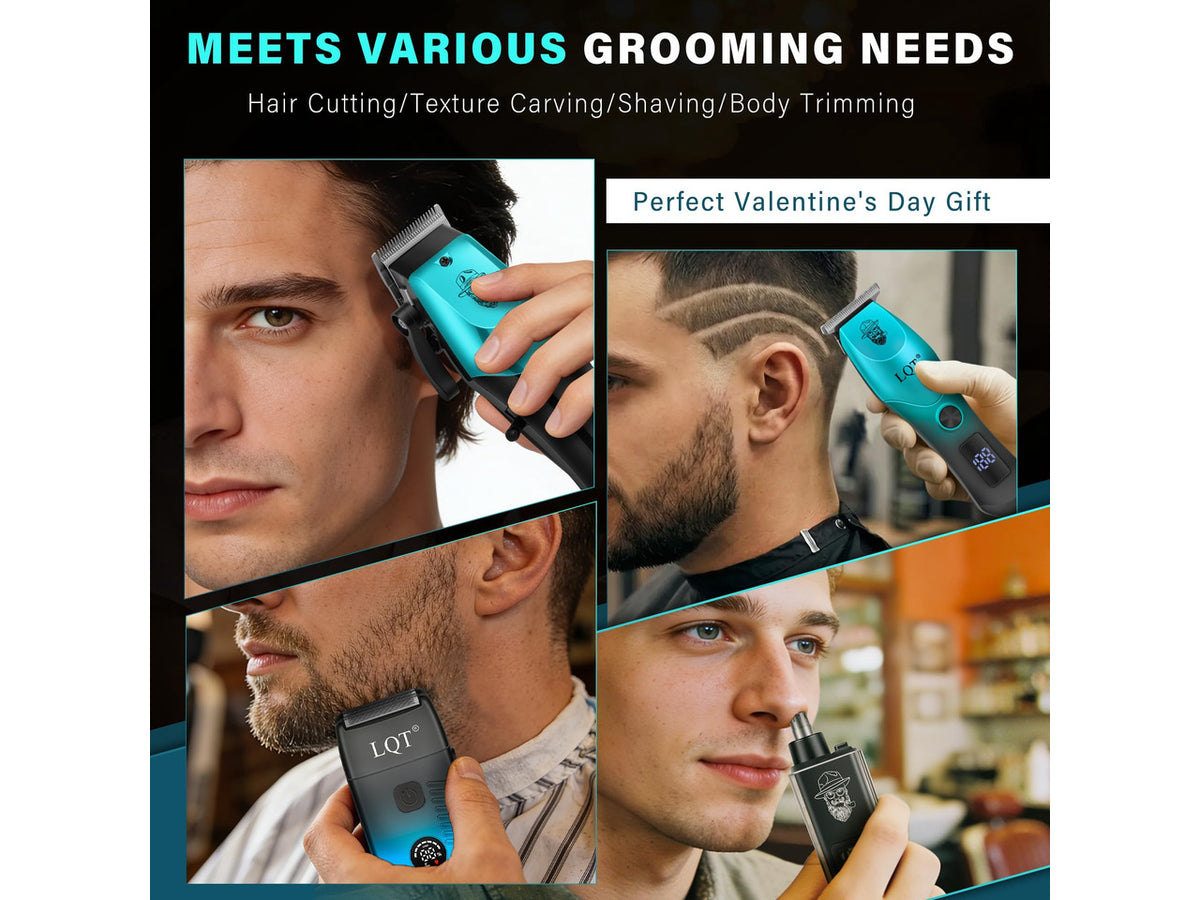 4-in-1 Men's Hair Clippers Kit, Includes Nose Hair Trimmer, Electric Shaver, and Engraving Trimmer, Wireless USB Rechargeable Grooming Set, Blue Ombre Design, Ideal Gift for Men (Blue)
