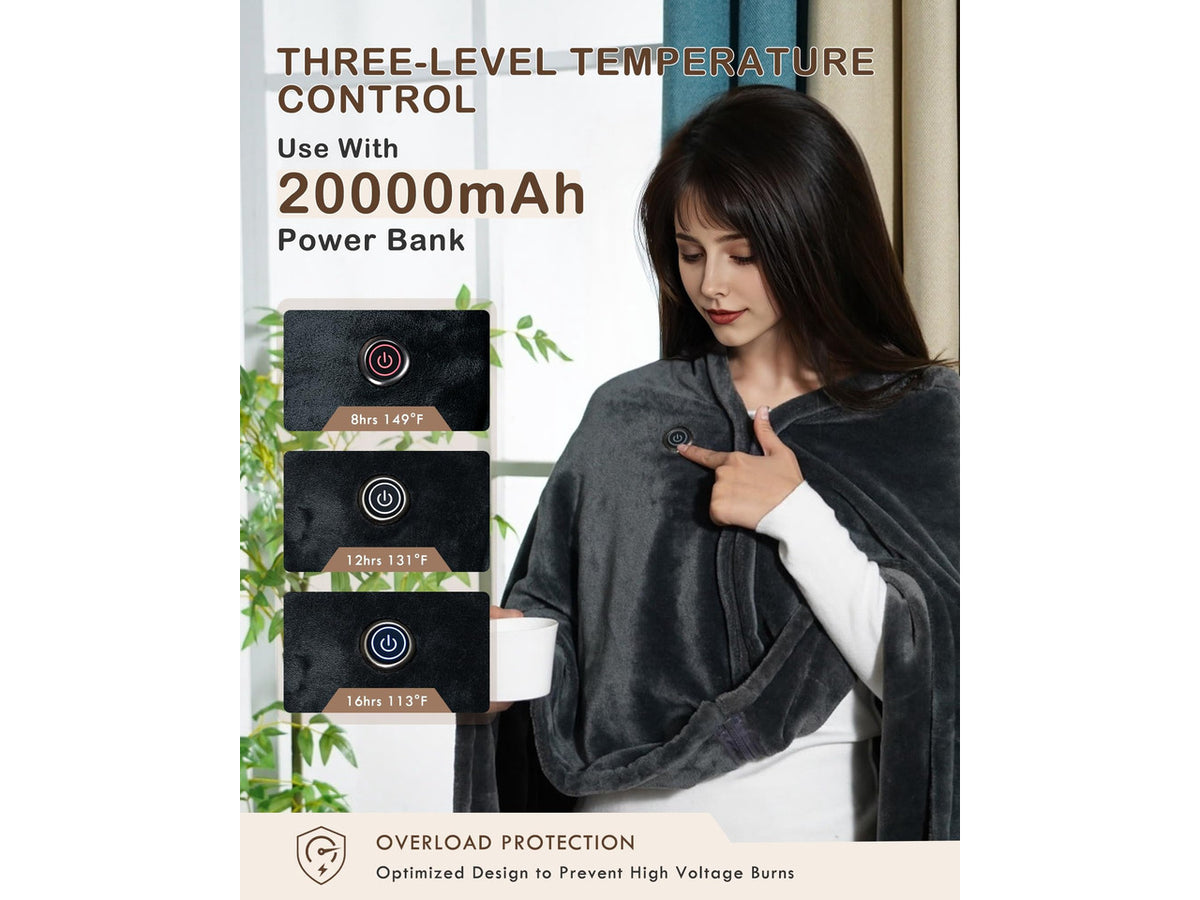 Cordless Heated Blanket Battery Powered; USB Wearable Portable Heated Throw Blanket with Hood, 20000 mAh Battery, 9 Heating Zone, 3-Level; Portable Heated Shawl Cordless; CampingMulticolor