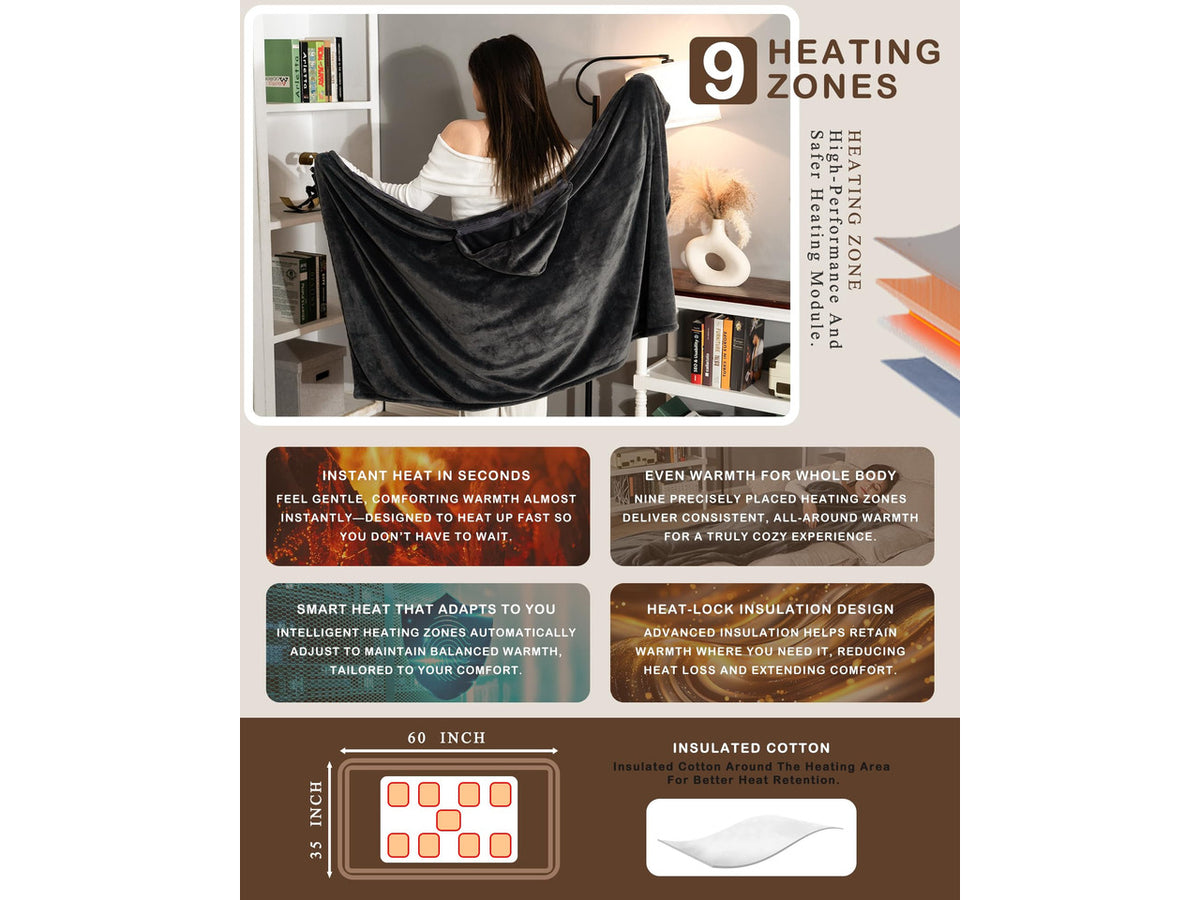 Cordless Heated Blanket Battery Powered; USB Wearable Portable Heated Throw Blanket with Hood, 20000 mAh Battery, 9 Heating Zone, 3-Level; Portable Heated Shawl Cordless; CampingMulticolor