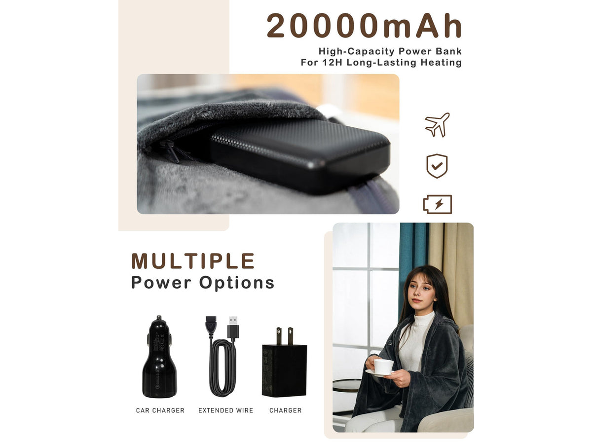 Cordless Heated Blanket Battery Powered; USB Wearable Portable Heated Throw Blanket with Hood, 20000 mAh Battery, 9 Heating Zone, 3-Level; Portable Heated Shawl Cordless; CampingMulticolor