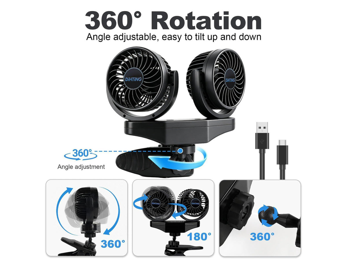 6000mAh Battery Powered Clip Car Fans for Backseat, 360° Quiet Rotatable Rechargeable Car Fans with USB Plug Independent Switches for SUV Bus Truck Golf Cart Stroller