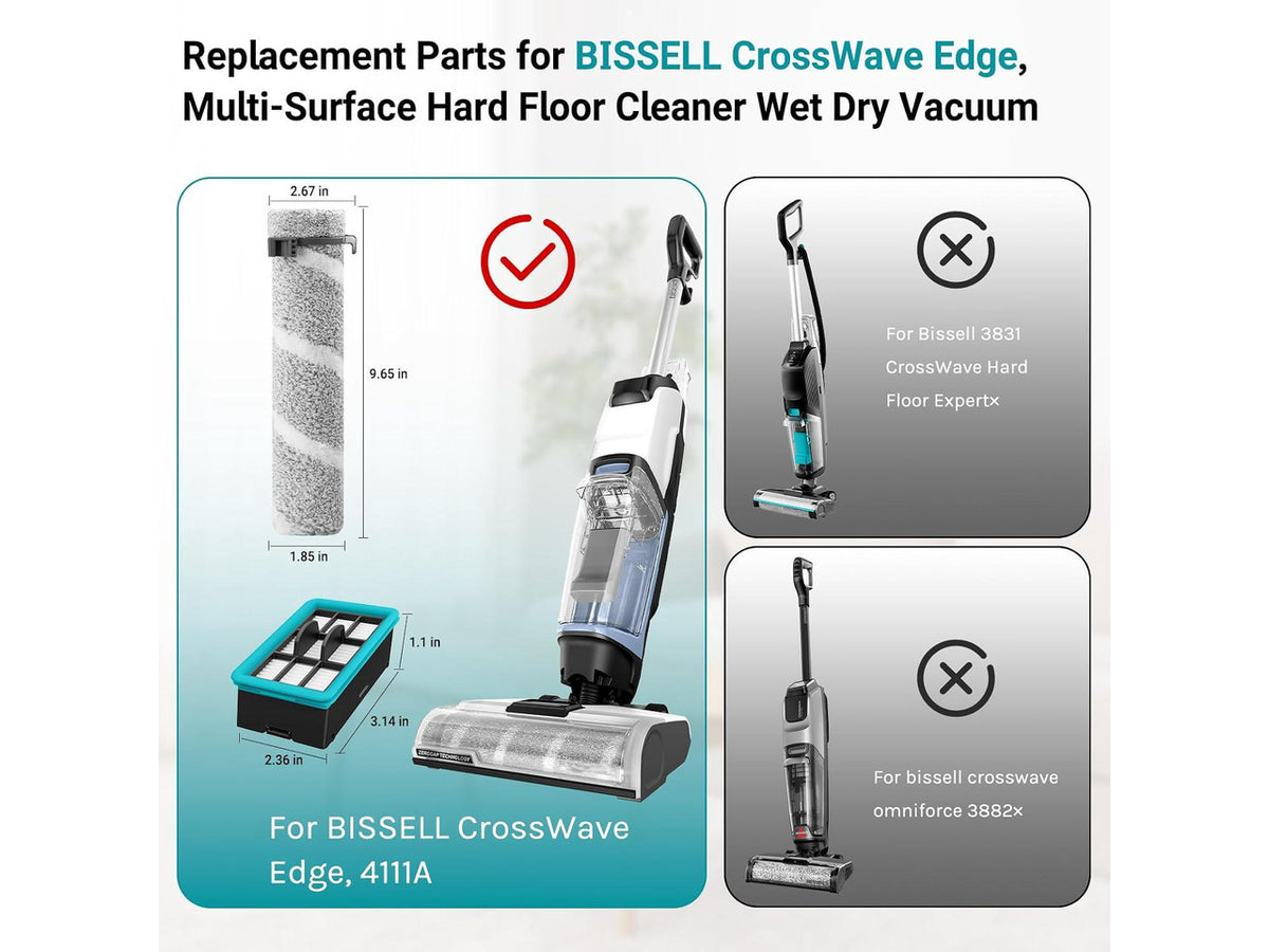 4111A Replacement Brushes and Filters for Bissell CrossWave Edge, Multi-Surface Hard Floor Cleaner Wet Dry Vacuum with Zero-Gap Edge Technology, 2 Pack Brushes and 2 Pack Filters