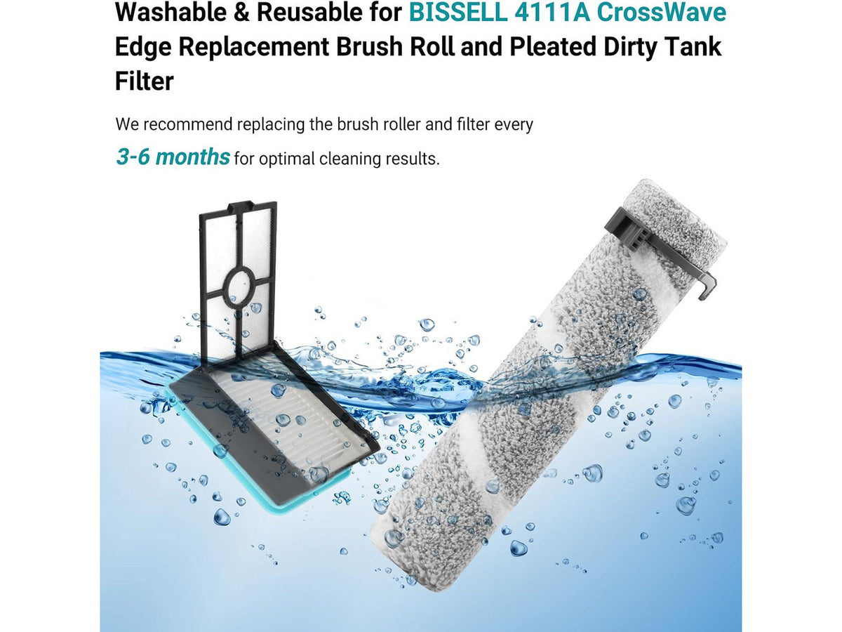 4111A Replacement Brushes and Filters for Bissell CrossWave Edge, Multi-Surface Hard Floor Cleaner Wet Dry Vacuum with Zero-Gap Edge Technology, 2 Pack Brushes and 2 Pack Filters