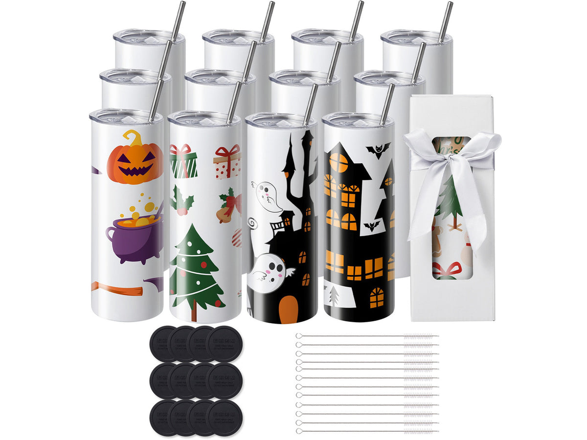 12 Pack Sublimation Tumblers 20oz Skinny Straight, Stainless Steel Sublimation Tumblers Blank, Stainless Steel Double Wall Tumbler for Heat Transfer Customized Gifts with Lid and Straw, Gift Box