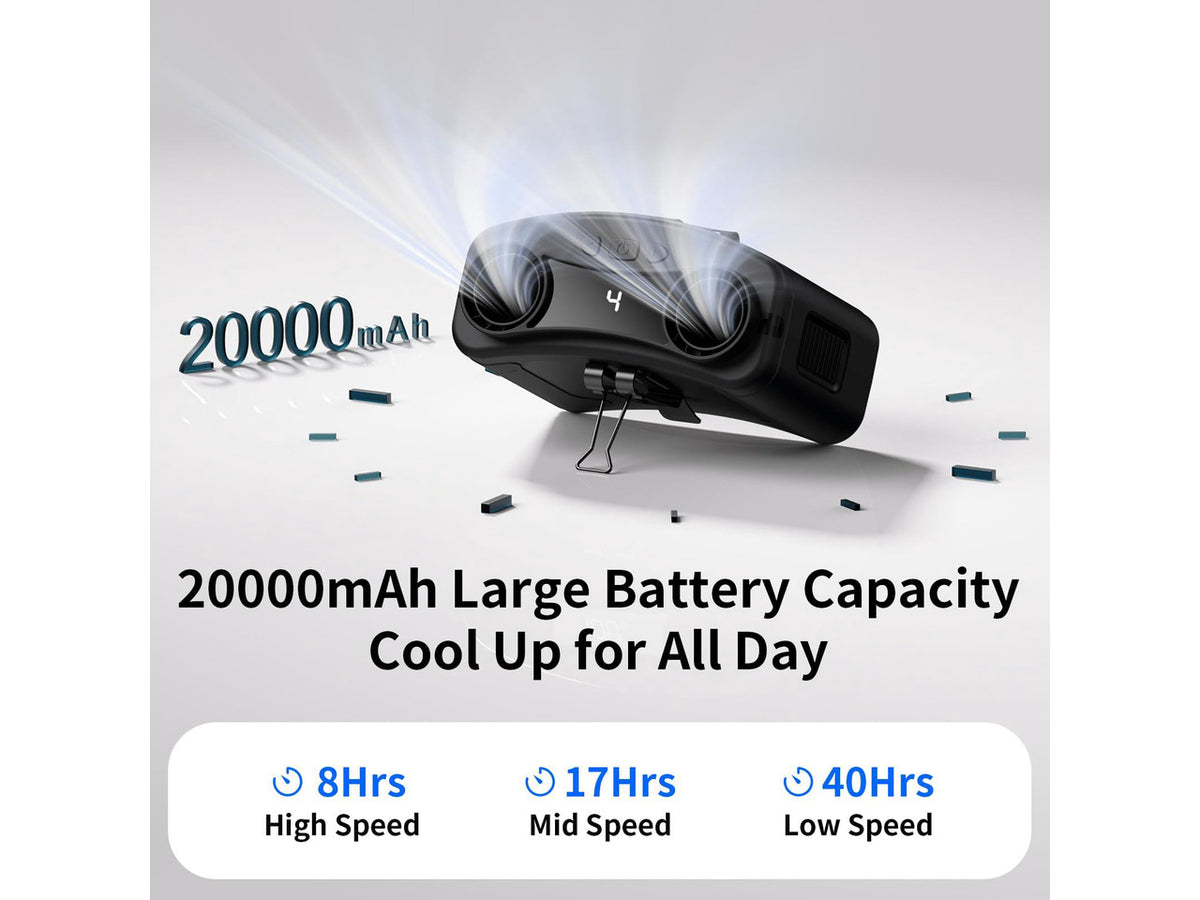 20000mAh Portable Waist Fan Clip on Wearable Belt Personal Fan Rechargeable, 40H Cooling Battery Operated with 10 Speeds & Dual Air Outlets, Neck Fans Hanging for Outdoor Jobsite Camping