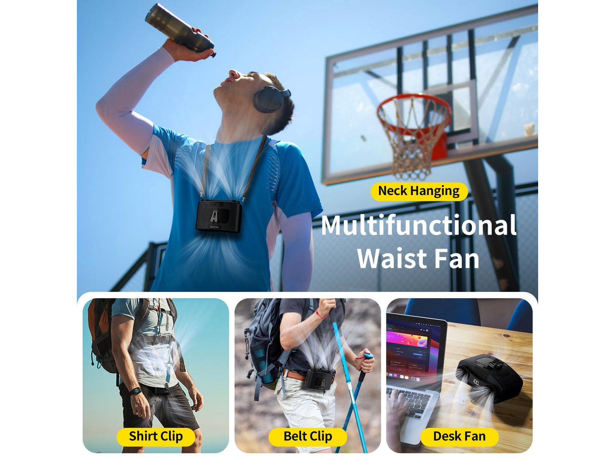 20000mAh Portable Waist Fan Clip on Wearable Belt Personal Fan Rechargeable, 40H Cooling Battery Operated with 10 Speeds & Dual Air Outlets, Neck Fans Hanging for Outdoor Jobsite Camping