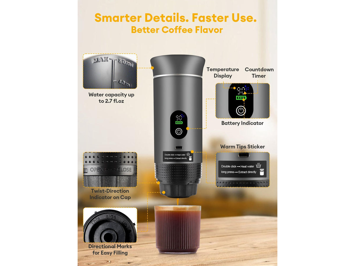 3-in-1 Portable Espresso Machine, 20 Bar Coffee Maker with LED Display | Real-Time Temp&Battery Indicator,Portable Coffee Maker Compatible with Ground Coffee & Capsules, for Travel,Home & Office