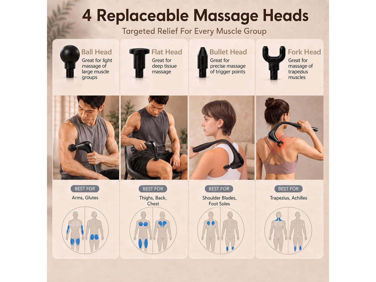 2-in-1 Detachable Muscle Massage Gun Deep Tissue | Body Massager for Pain Relief, Handheld Massage Hammer with 4 Massage Heads