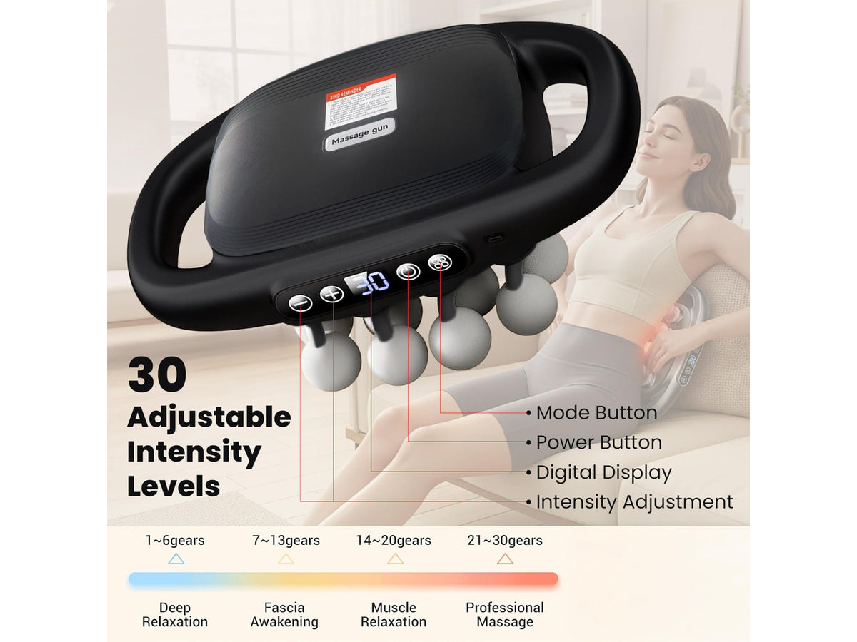 16-Head Deep Tissue Massage Gun Professional Percussion Massager with 30 Intensities & Quiet Motor | Portable Muscle Massager for Pain Relief, Neck, Back, Shoulders & Legs (Black)