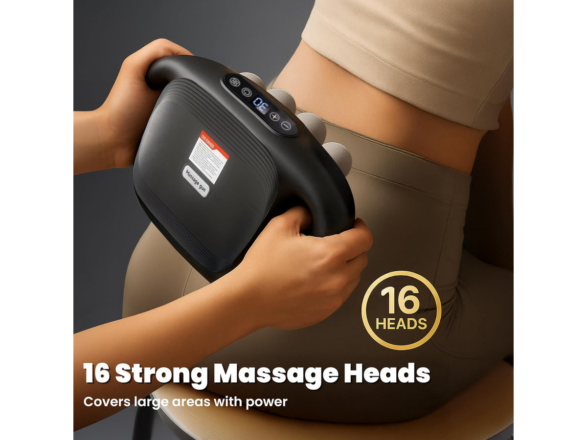 16-Head Deep Tissue Massage Gun Professional Percussion Massager with 30 Intensities & Quiet Motor | Portable Muscle Massager for Pain Relief, Neck, Back, Shoulders & Legs (Black)