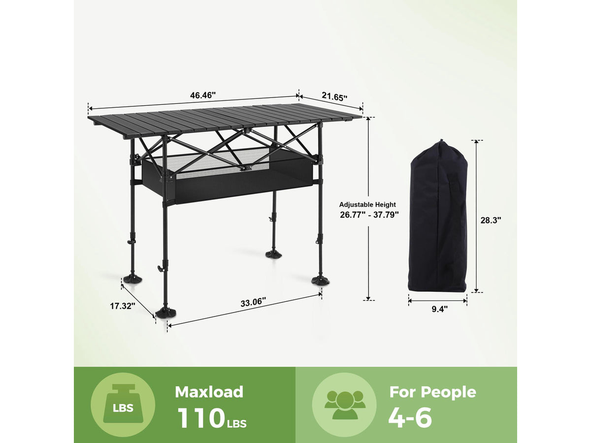 Folding Camping Table, Aluminum Roll-up Picnic Backpacking Table | Adjustable Height Camping Table Portable Picnic Dining Table Folding Card Table w/Handle Lightweight for Indoor Outdoor