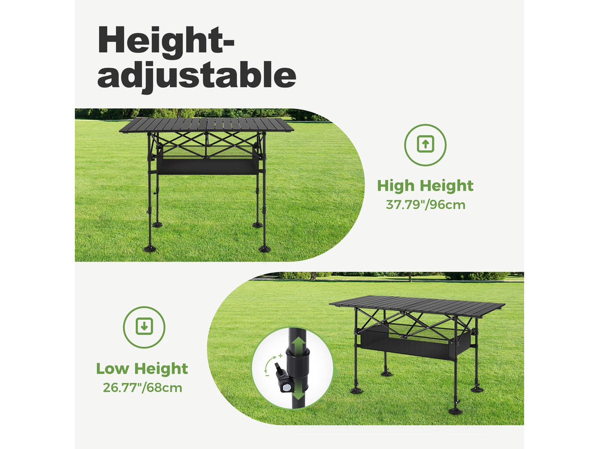 Folding Camping Table, Aluminum Roll-up Picnic Backpacking Table | Adjustable Height Camping Table Portable Picnic Dining Table Folding Card Table w/Handle Lightweight for Indoor Outdoor