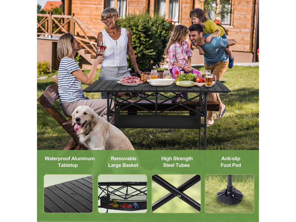 Folding Camping Table, Aluminum Roll-up Picnic Backpacking Table | Adjustable Height Camping Table Portable Picnic Dining Table Folding Card Table w/Handle Lightweight for Indoor Outdoor