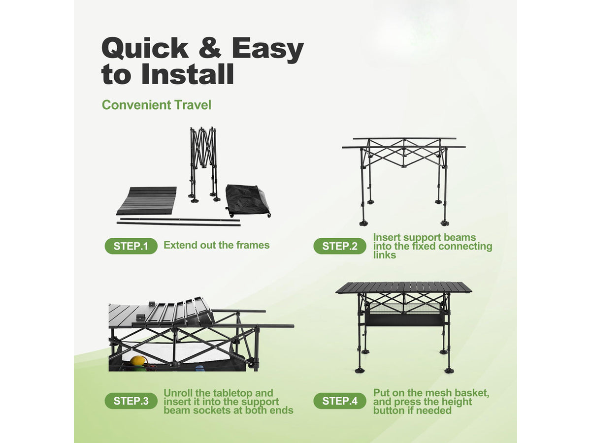 Folding Camping Table, Aluminum Roll-up Picnic Backpacking Table | Adjustable Height Camping Table Portable Picnic Dining Table Folding Card Table w/Handle Lightweight for Indoor Outdoor
