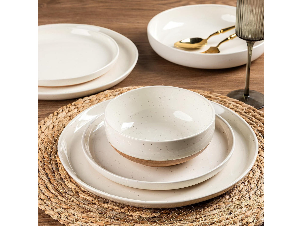 18-Piece Light Beige Stoneware Dinnerware Set for 6, Ceramic Plates and Bowls Set with Wavy Rim, Scratch Resistant, Dishwasher Microwave Freezer Safe Modern Tableware