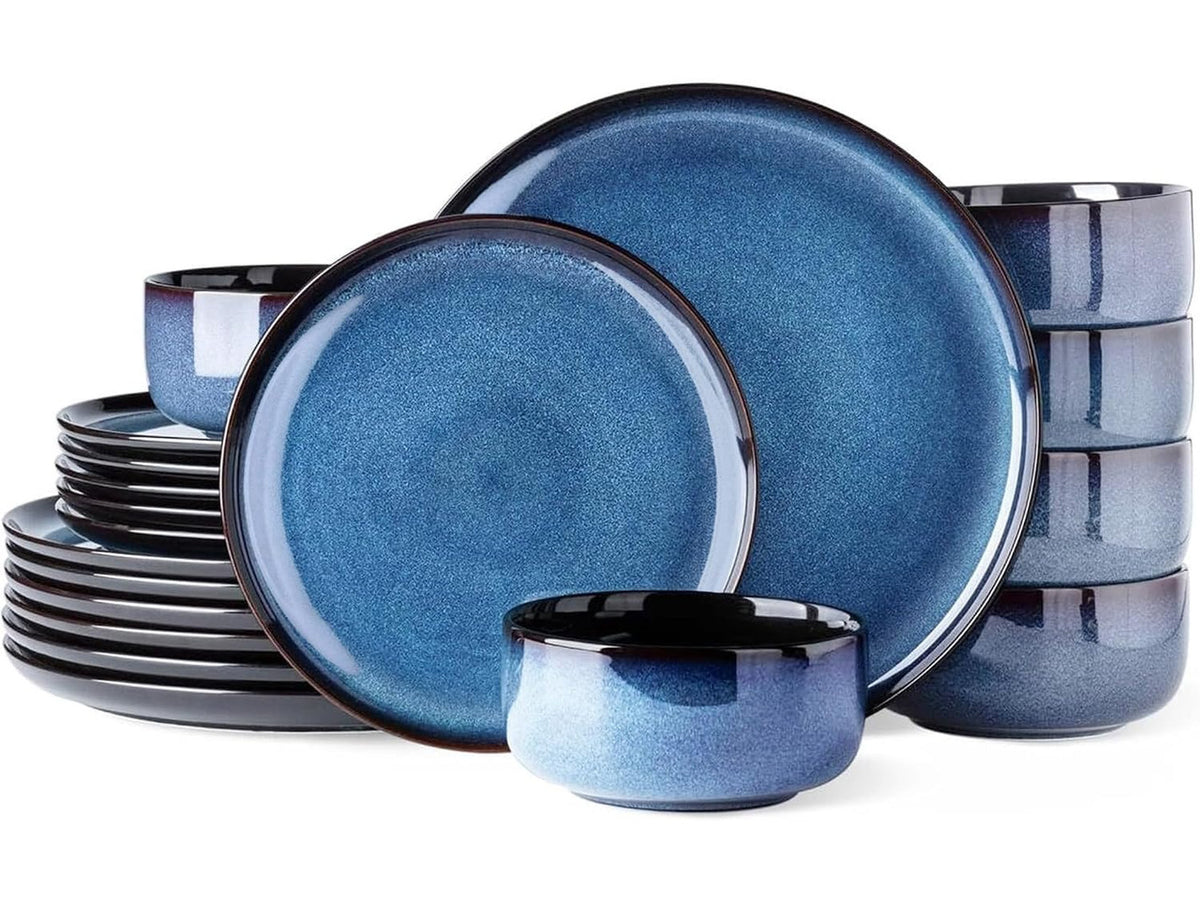 18-Piece Blue Reactive Glaze Ceramic Dinnerware Set for 6 People, Porcelain Plates and Bowls Combo Set, Oven Microwave Dishwasher Safe, Scratch Resistant Tableware for Home Dining