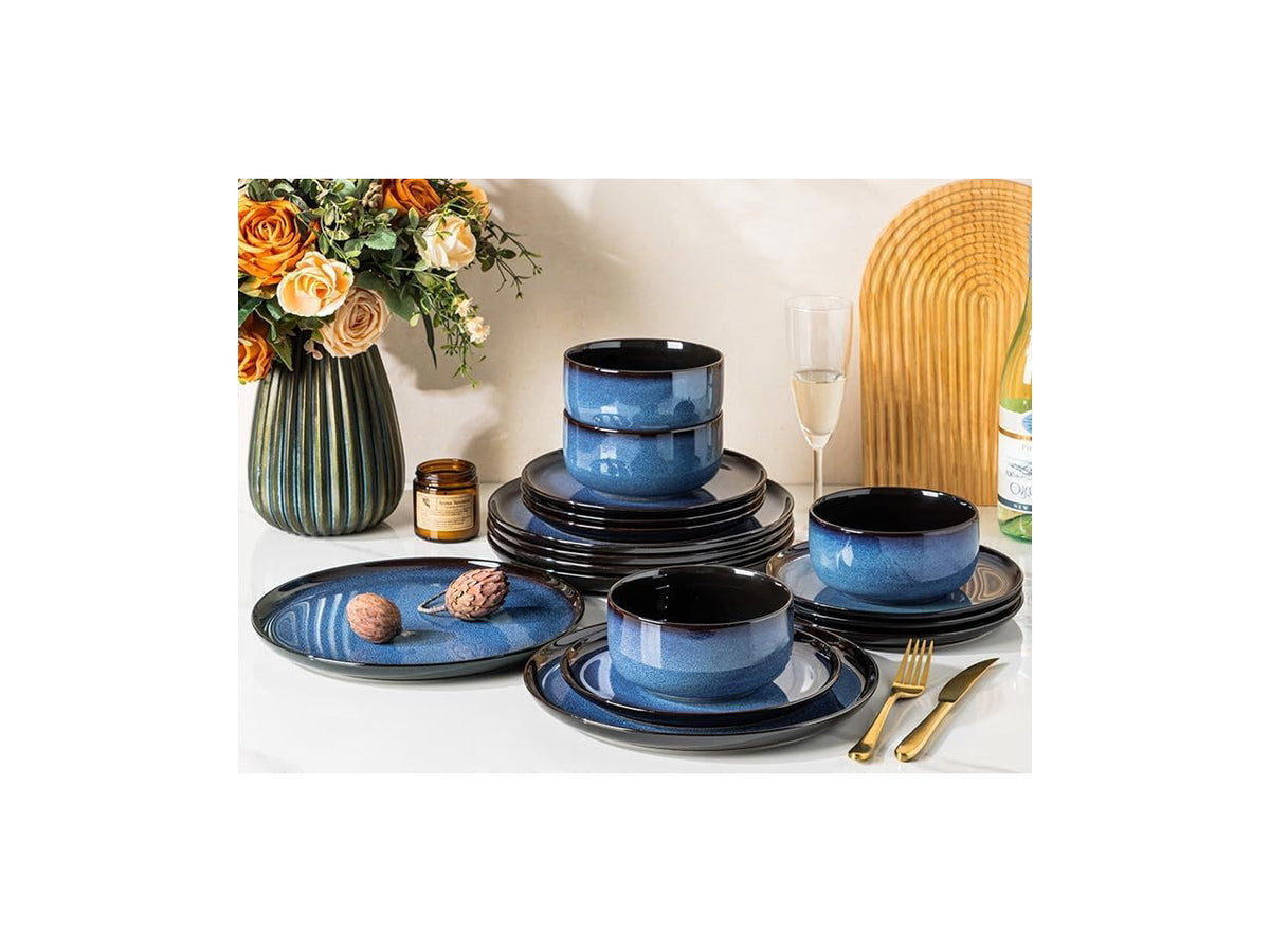 18-Piece Blue Reactive Glaze Ceramic Dinnerware Set for 6 People, Porcelain Plates and Bowls Combo Set, Oven Microwave Dishwasher Safe, Scratch Resistant Tableware for Home Dining