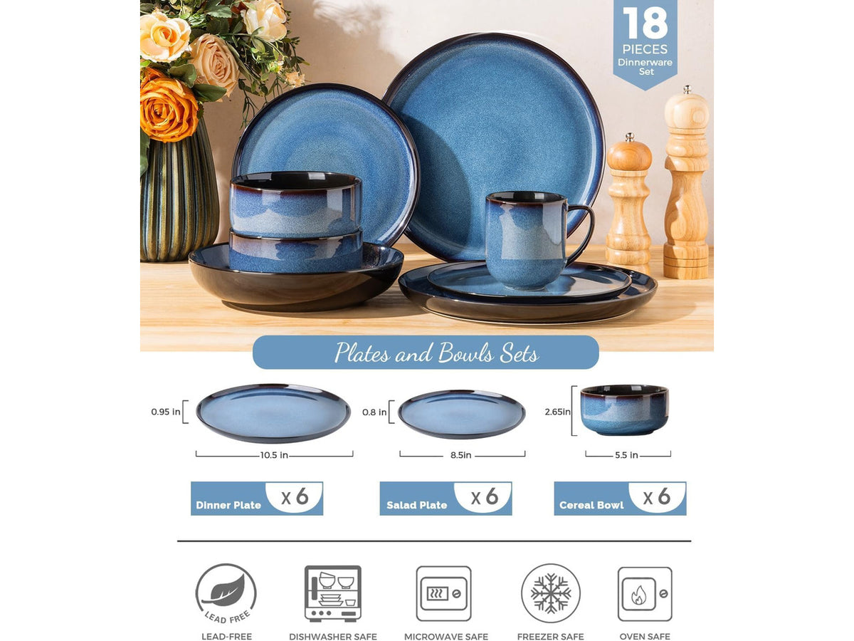 18-Piece Blue Reactive Glaze Ceramic Dinnerware Set for 6 People, Porcelain Plates and Bowls Combo Set, Oven Microwave Dishwasher Safe, Scratch Resistant Tableware for Home Dining