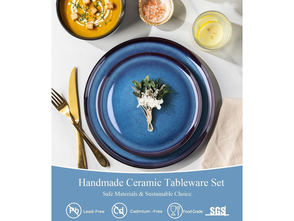 18-Piece Blue Reactive Glaze Ceramic Dinnerware Set for 6 People, Porcelain Plates and Bowls Combo Set, Oven Microwave Dishwasher Safe, Scratch Resistant Tableware for Home Dining