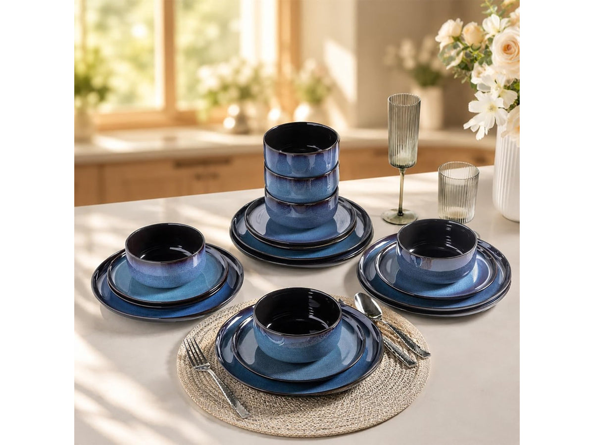 18-Piece Blue Reactive Glaze Ceramic Dinnerware Set for 6 People, Porcelain Plates and Bowls Combo Set, Oven Microwave Dishwasher Safe, Scratch Resistant Tableware for Home Dining