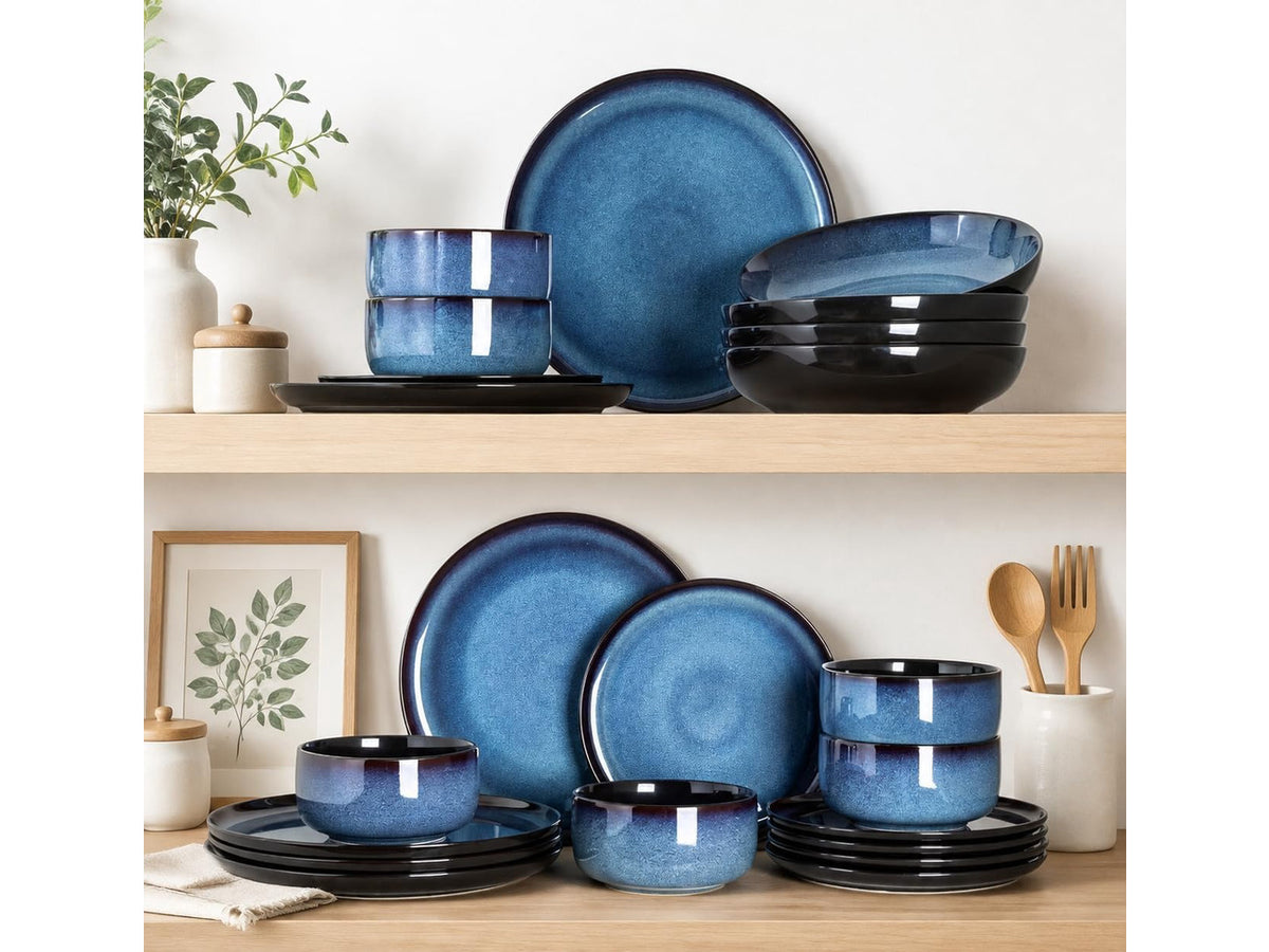 18-Piece Blue Reactive Glaze Ceramic Dinnerware Set for 6 People, Porcelain Plates and Bowls Combo Set, Oven Microwave Dishwasher Safe, Scratch Resistant Tableware for Home Dining