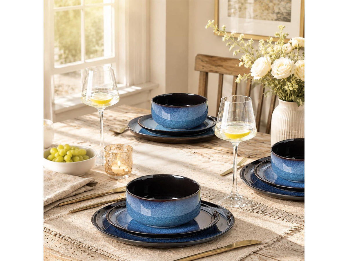18-Piece Blue Reactive Glaze Ceramic Dinnerware Set for 6 People, Porcelain Plates and Bowls Combo Set, Oven Microwave Dishwasher Safe, Scratch Resistant Tableware for Home Dining
