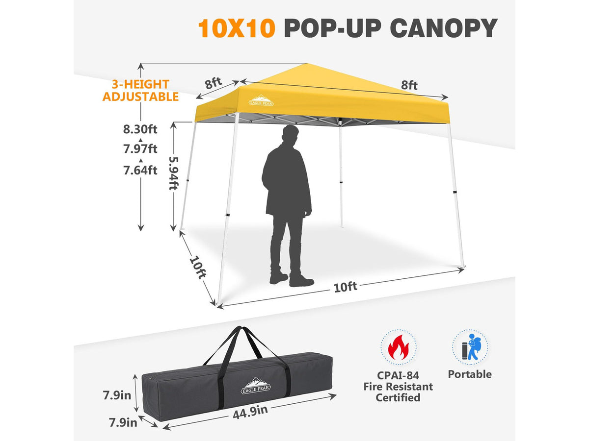 10x10 Slant Leg Pop Up Canopy Tent, Yellow | PeakPush Center Lock, Easy 1 Person Setup Pop Up Tent, Portable Sports & Camping Shelter, 10x10 Base 8x8 Top, Carry Bag