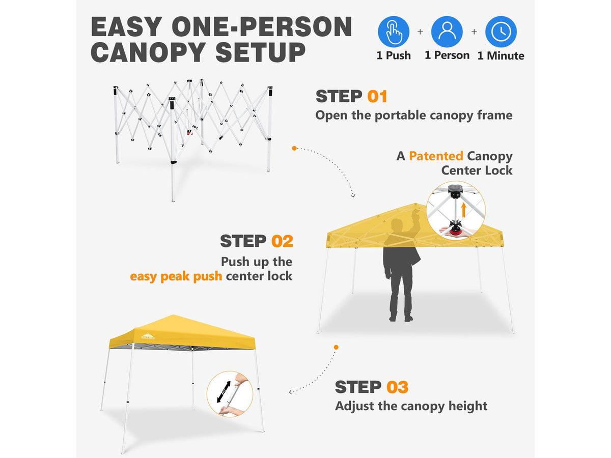 10x10 Slant Leg Pop Up Canopy Tent, Yellow | PeakPush Center Lock, Easy 1 Person Setup Pop Up Tent, Portable Sports & Camping Shelter, 10x10 Base 8x8 Top, Carry Bag