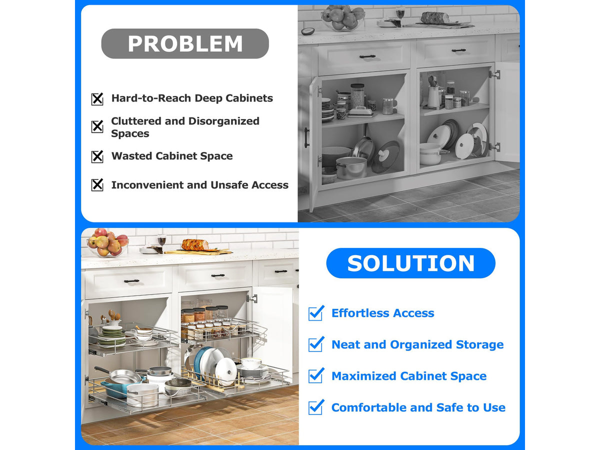 2-Tier Kitchen Cabinet Pullout Shelf and Drawer Organizer, Soft Close Pantry Pull Out Shelves, Heavy Duty Pull Out Cabinet Organizer with Shelf Liner for Kitchen Cabinets, Pantry Storage