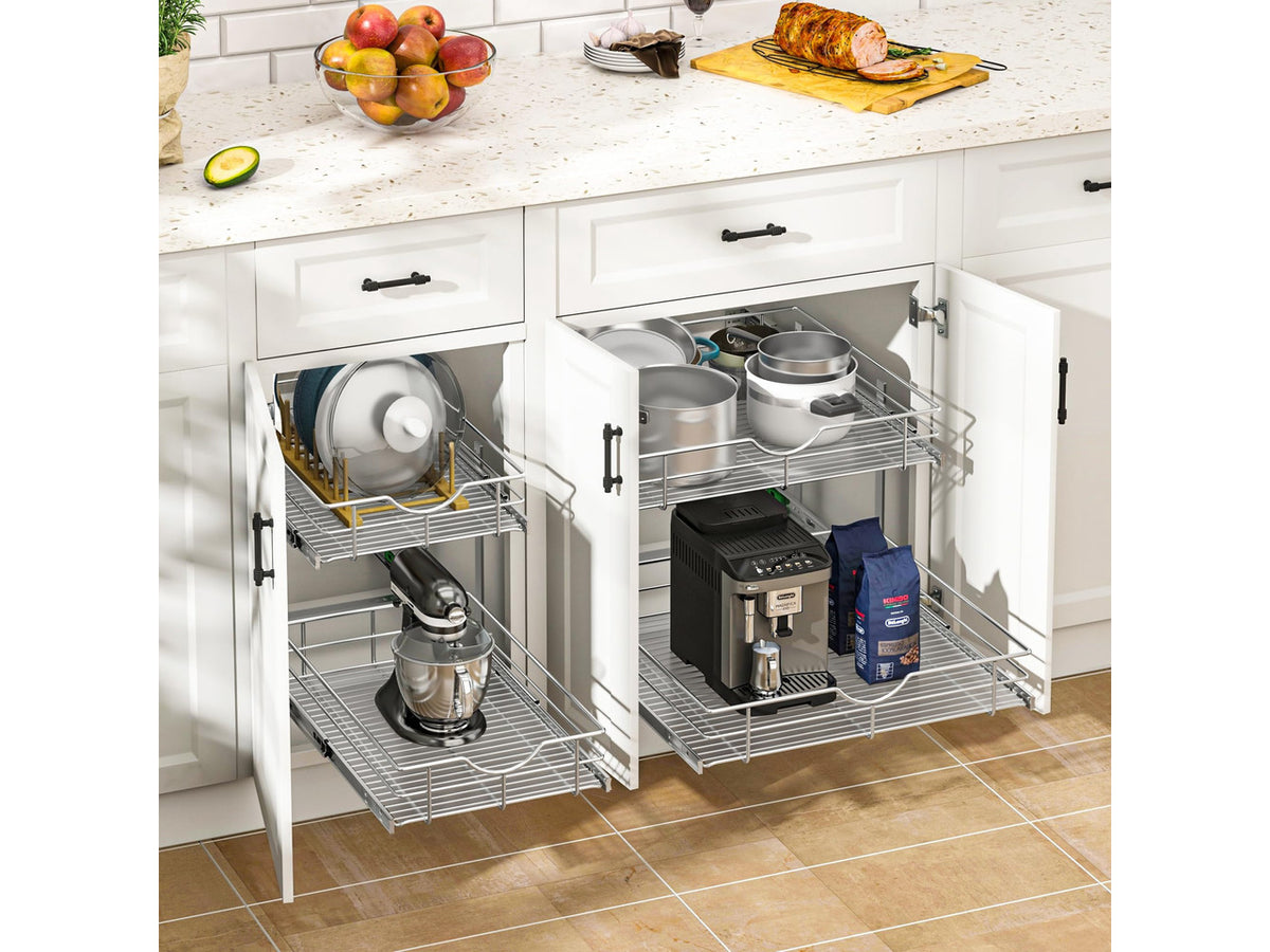 2-Tier Kitchen Cabinet Pullout Shelf and Drawer Organizer, Soft Close Pantry Pull Out Shelves, Heavy Duty Pull Out Cabinet Organizer with Shelf Liner for Kitchen Cabinets, Pantry Storage