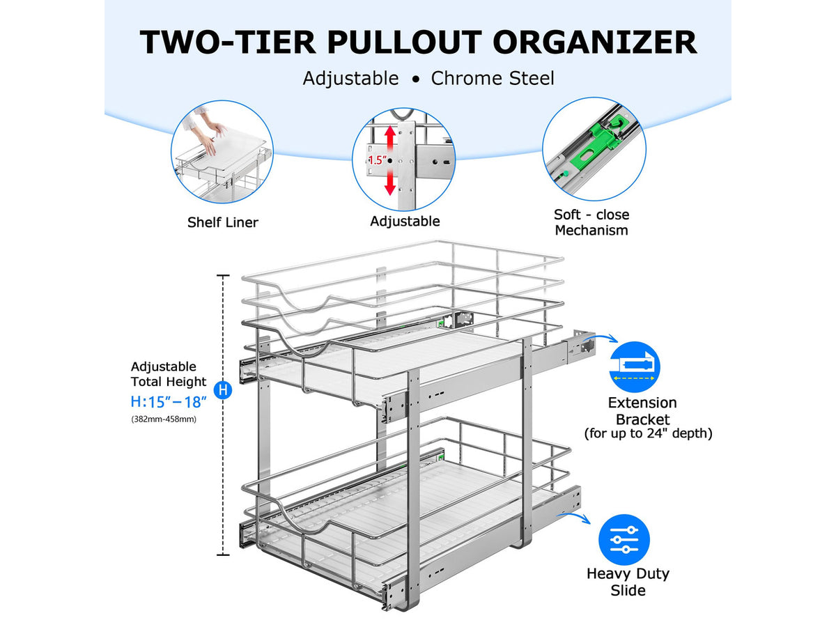 2-Tier Kitchen Cabinet Pullout Shelf and Drawer Organizer, Soft Close Pantry Pull Out Shelves, Heavy Duty Pull Out Cabinet Organizer with Shelf Liner for Kitchen Cabinets, Pantry Storage