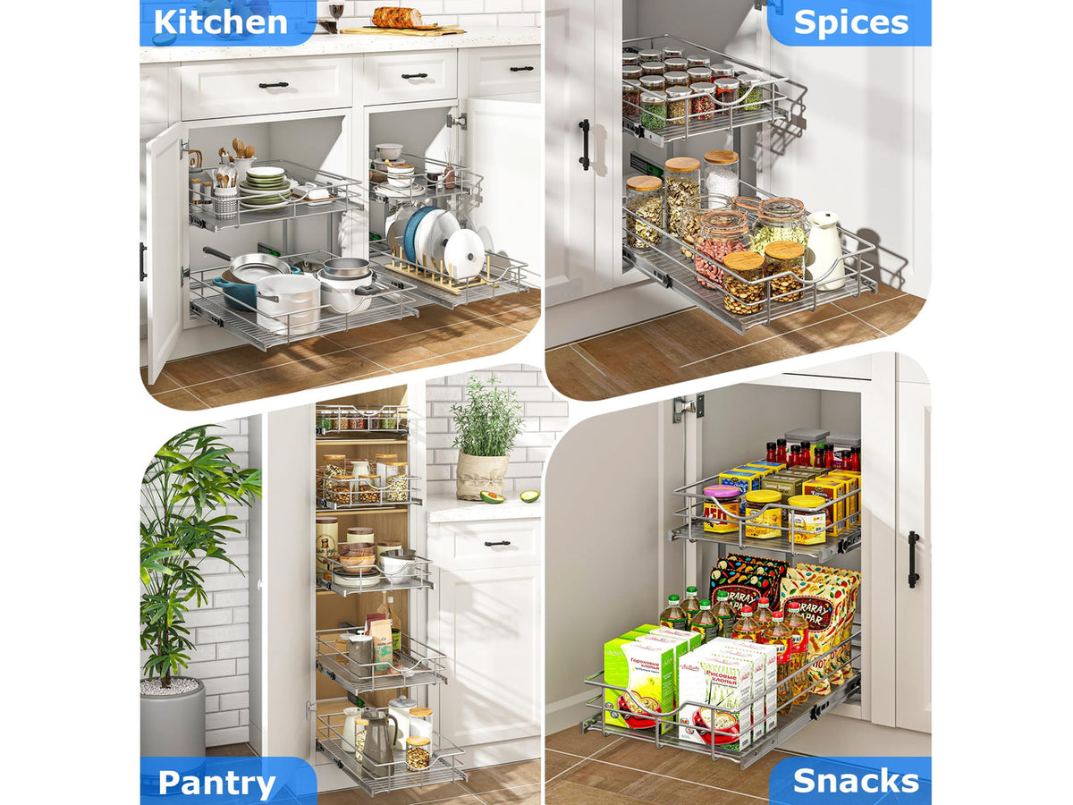 2-Tier Kitchen Cabinet Pullout Shelf and Drawer Organizer, Soft Close Pantry Pull Out Shelves, Heavy Duty Pull Out Cabinet Organizer with Shelf Liner for Kitchen Cabinets, Pantry Storage