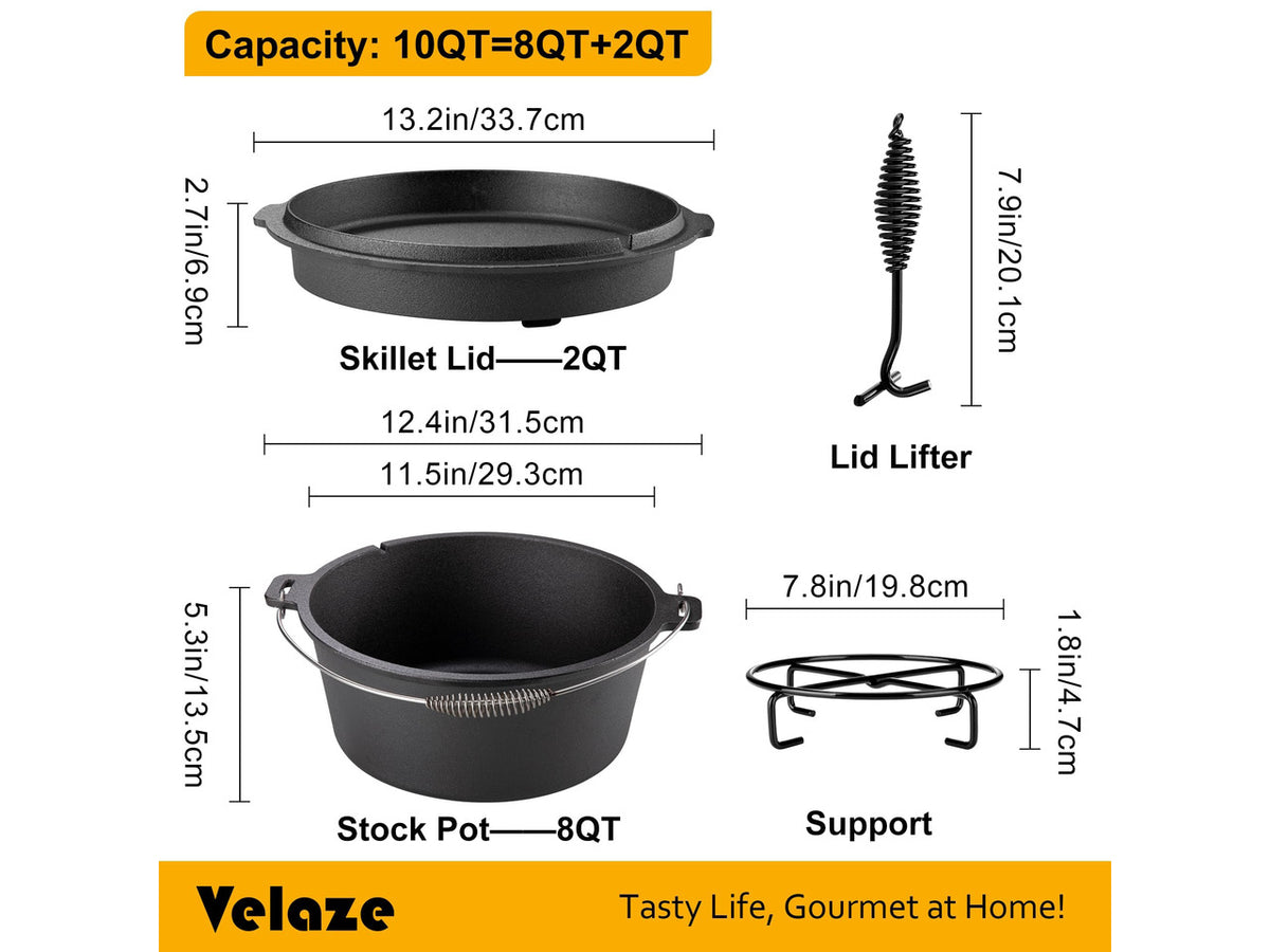 10 QT Pre-Seasoned Cast Iron Camping Dutch Oven Pot with Lid | Comes with Metal Handles, Lid Lifter,Stand Support,Use in Oven, on Stove,Grill,or Over Campfire,Capacity for 4-8 People